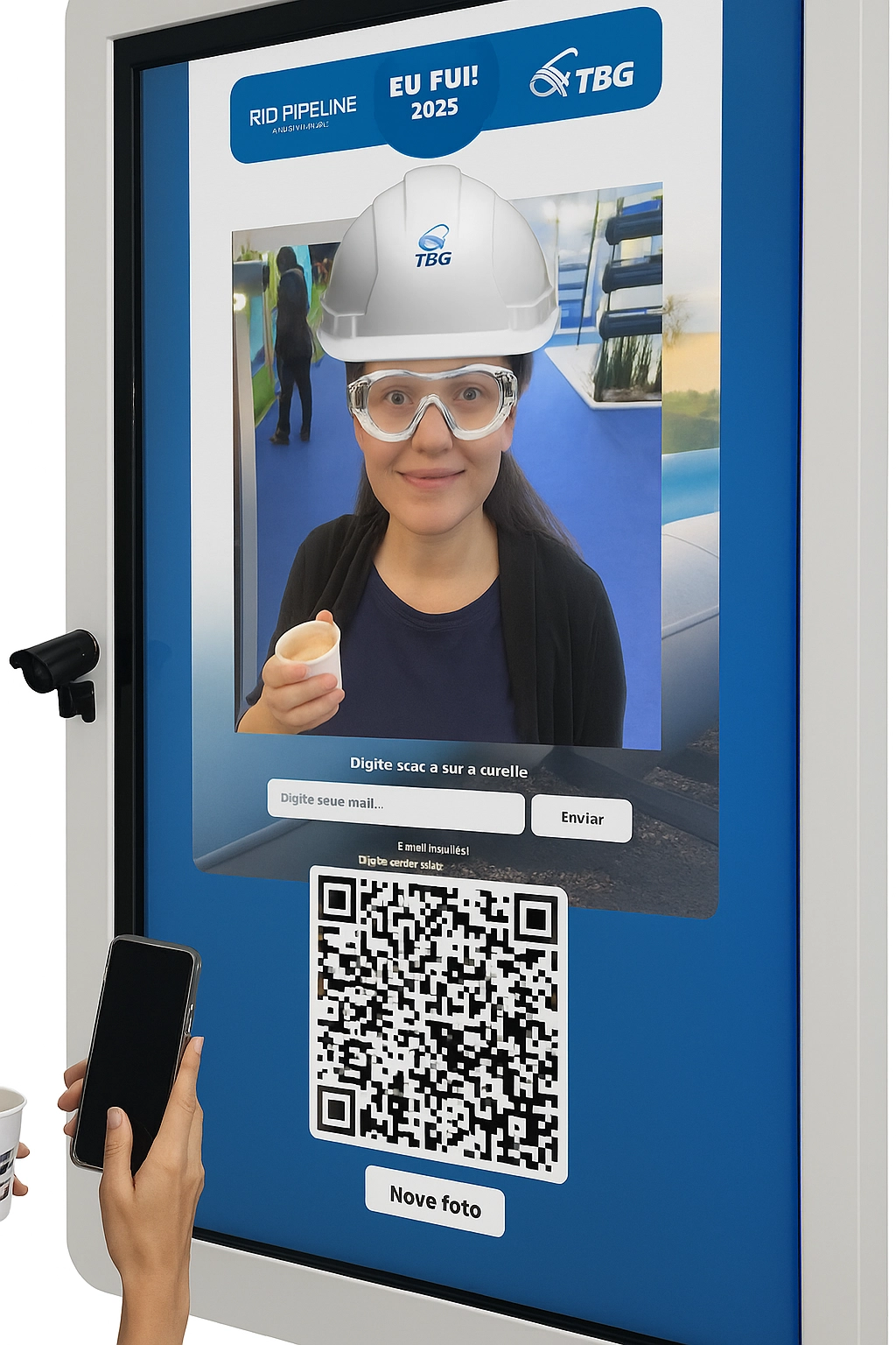 totem realidade aumentada Totem de realidade aumentada, onde o visitante escolhe capacete, óculos, uns fundos personalizados e tira uma foto super divertida e personalizada.