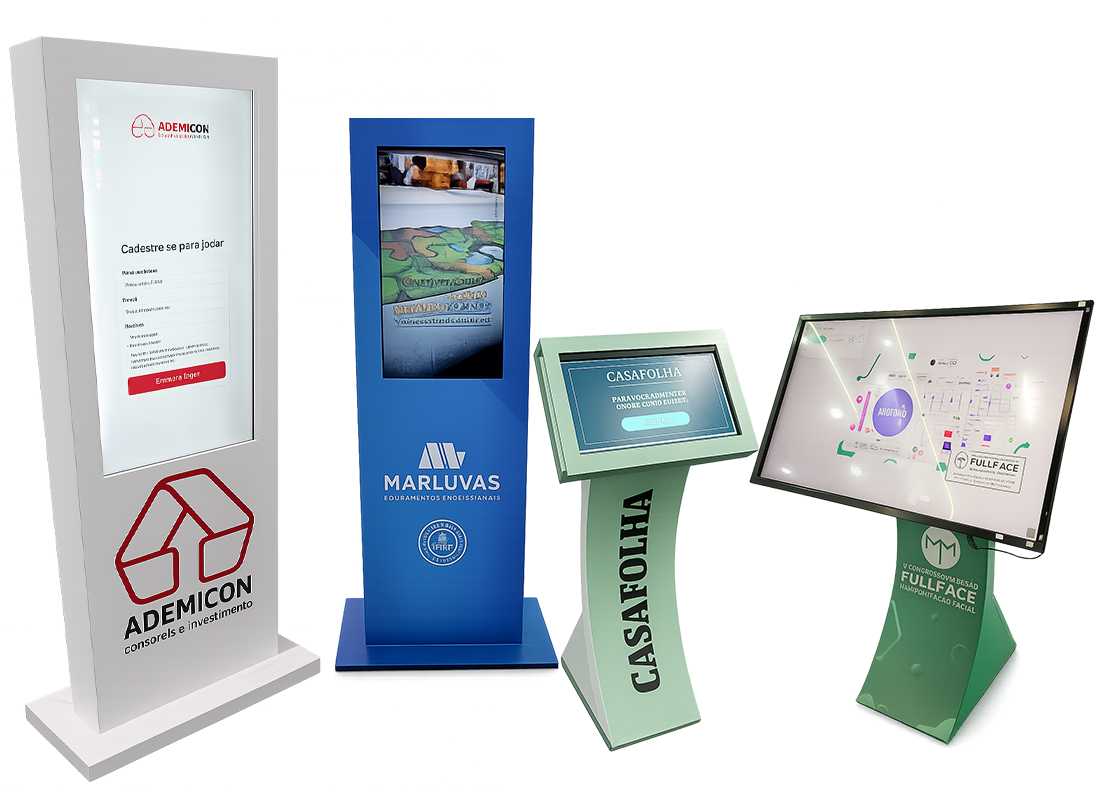 Totem Touch Screen, para feiras, eventos, com telas de 22 a 55 polegadas